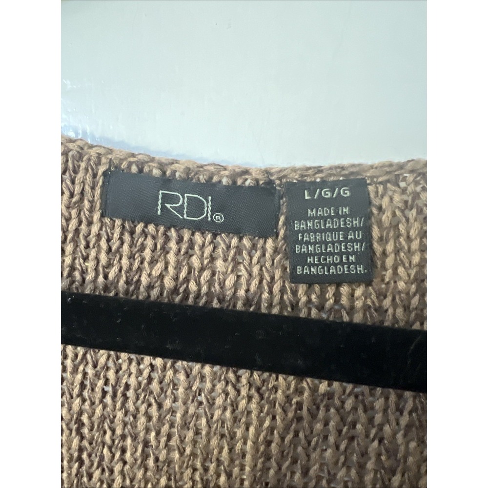 RDI Women's Brown‎ Open Knit Pullover Sweater Sz L High Low Elbow Patch Y2K Boho - Picture 2 of 6